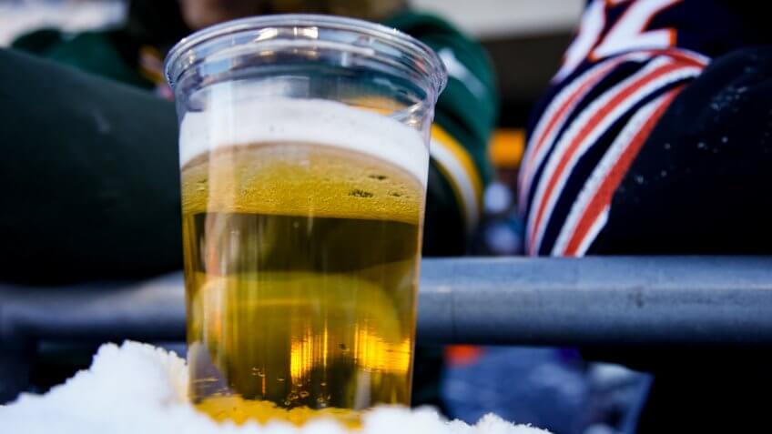 CHICAGO, IL - DECEMBER 18: A beer sits on a snowy ledge during the game between the Chicago Bears and the Green Bay Packers at Soldier Field on December 18, 2016 in Chicago, Illinois.