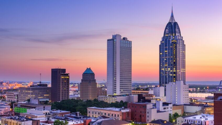 Mobile Alabama skyline at dusk