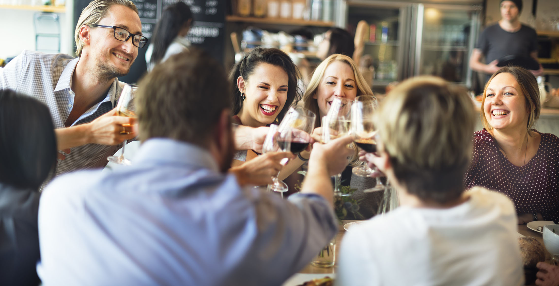 You eat out too much. people toasting