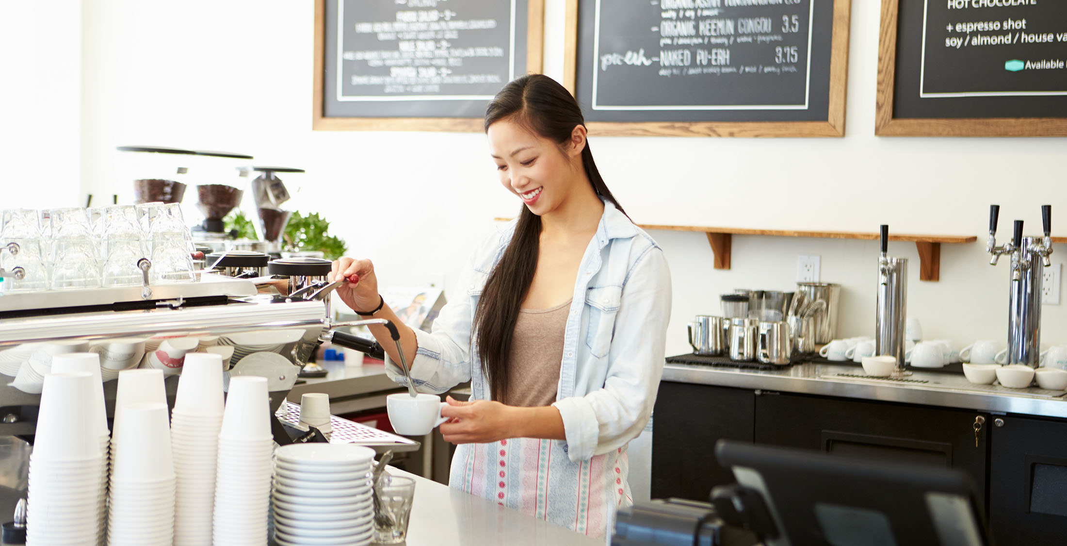 Find a part-time job. barista making an espresso