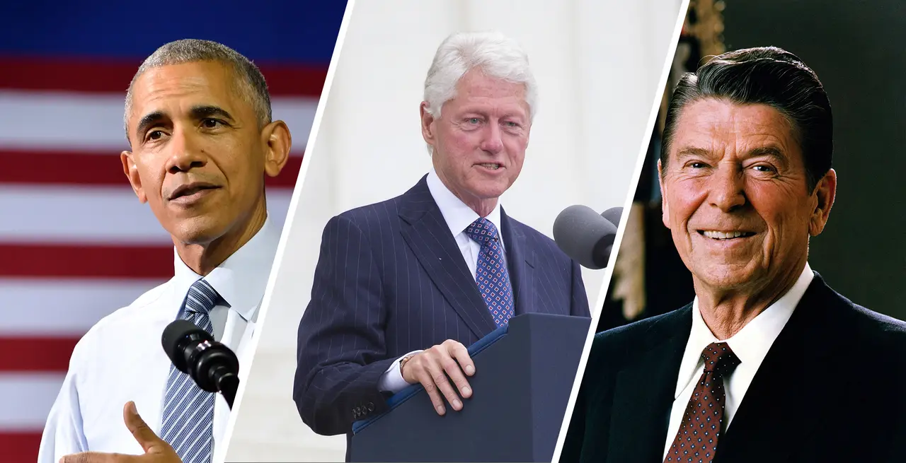 collage photo of barack obama, bill clinton, and ronald reagan