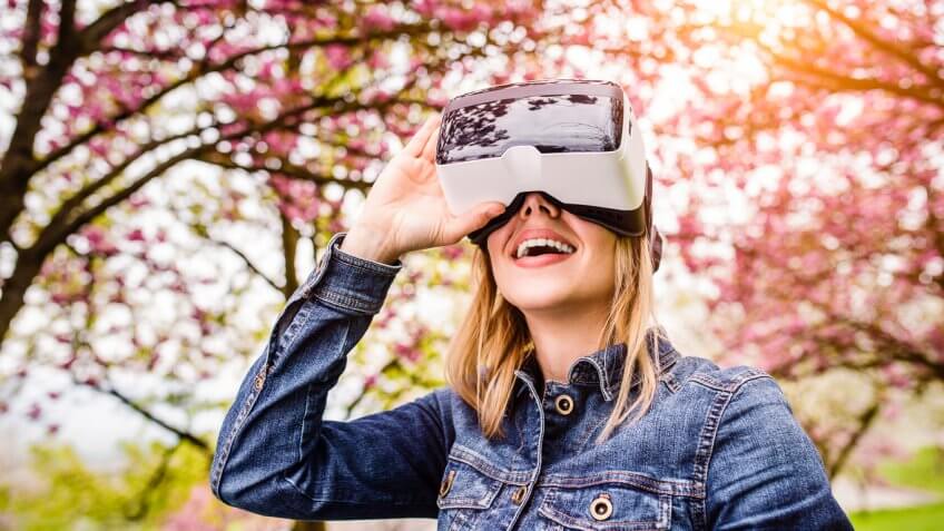 Woman wearing Magic Leap headset outdoors