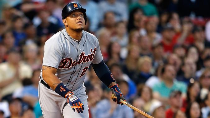 BOSTON, MA - MAY 17:  Miguel Cabrera #24 of the Detroit Tigers watches the flight of his home run against the Boston Red Sox in the third inning at Fenway Park on May 17, 2014 in Boston, Massachusetts.
