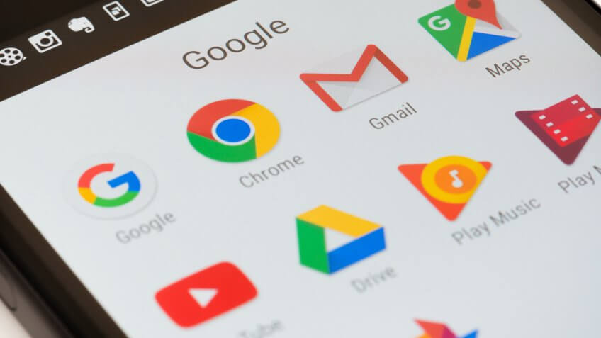 Melbourne, Australia - May 23, 2016: Close-up view of Google apps on an Android smartphone, including Chrome, Gmail, Maps.