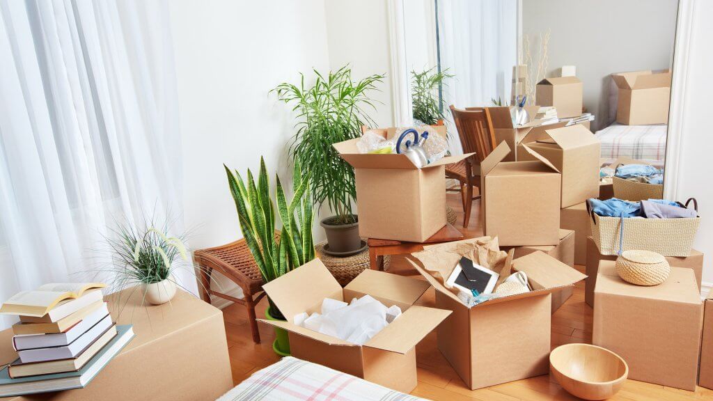 Downsize. room crammed with moving boxes filled with assorted household items