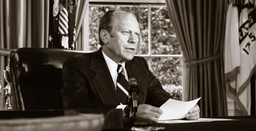 Gerald Ford did not release any of his personal tax returns, but he did release summaries of his federal tax information. black and white photo of gerald ford sitting in the oval office