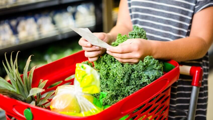 Grocery cart with produce and shopping list Grocery cart with produce and shopping list