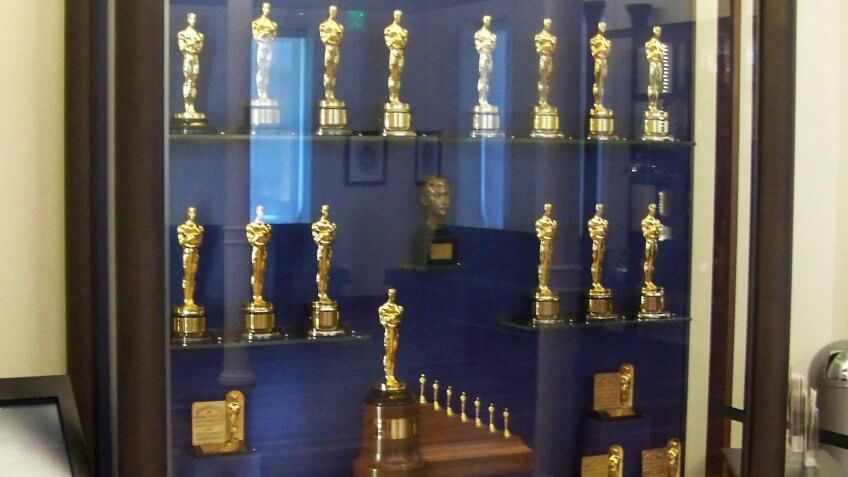This display case in the lobby of the Walt Disney Family Museum in San Francisco is one of several cases showing hundreds of awards won by Walt Disney.