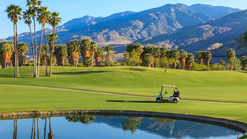 Late afternoon light cast a warm glow to a golf course in Palm Springs, California.