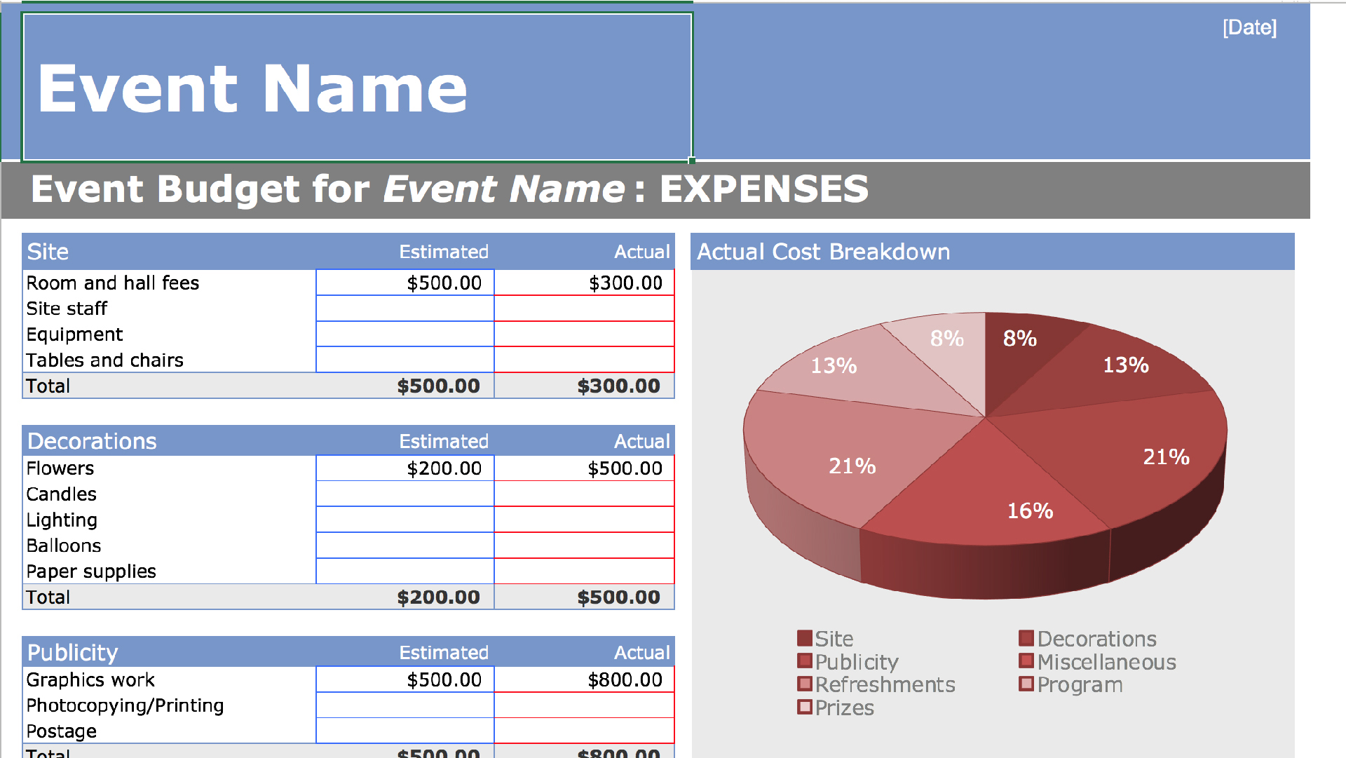event planner budget template
