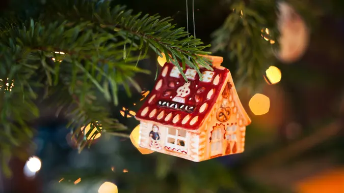 Funny House shape bauble on the christmas tree.