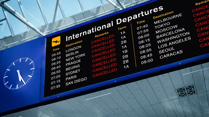 International Departures Information Board with All Flights Cancelled.