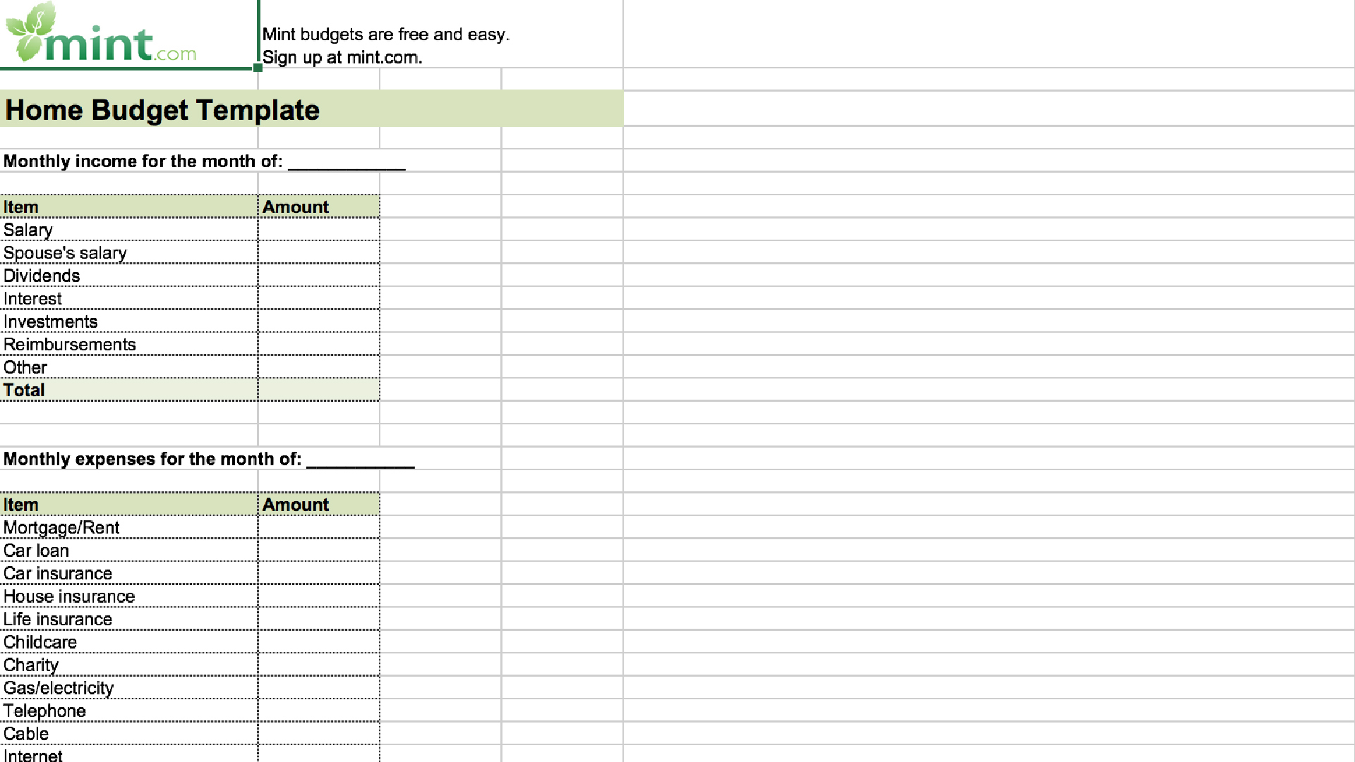 free simple monthly household budget template