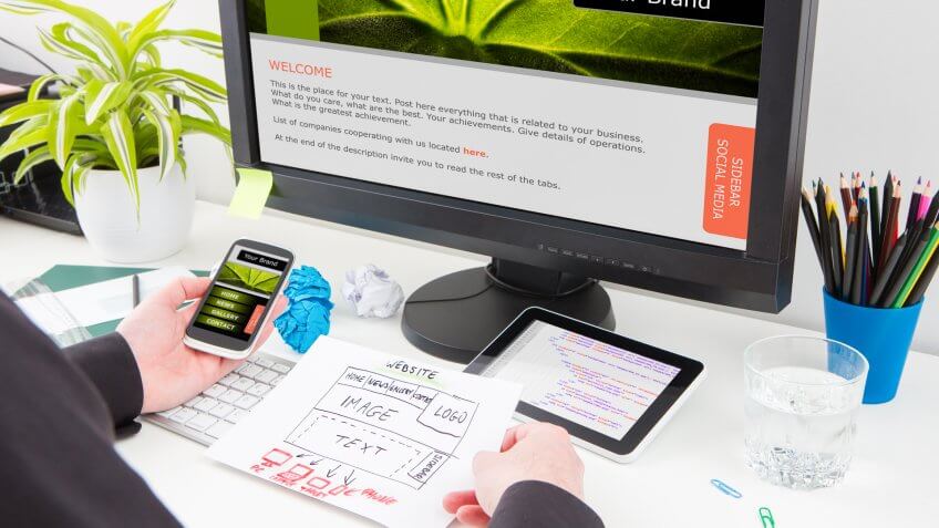 Designer's desk with responsive web design concept.