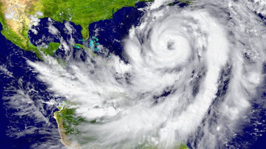 weather map view of a hurricane approaching U.S. east coast