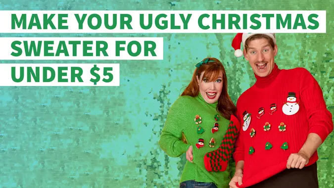 man and woman wearing ugly Christmas sweaters