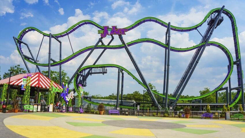 NEW JERSEY USA - JUNE 20 2016: The Joker roller coaster is a brand new free fly coaster featuring one of a kind magnetic technology and unique swiveling vehicles.