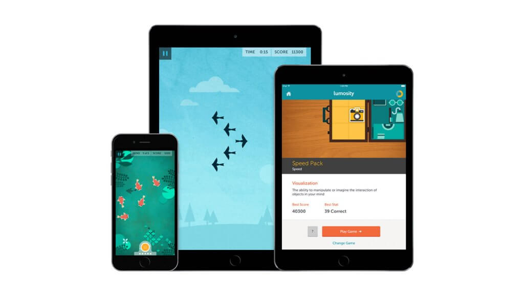 Luminosity False Advertising lumosity app open on two ipads and an iphone
