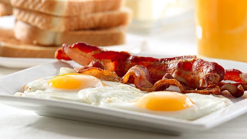 breakfast plate eggs bacon toast orange juice