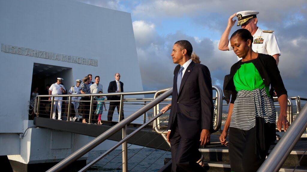 Obama family walking on a path