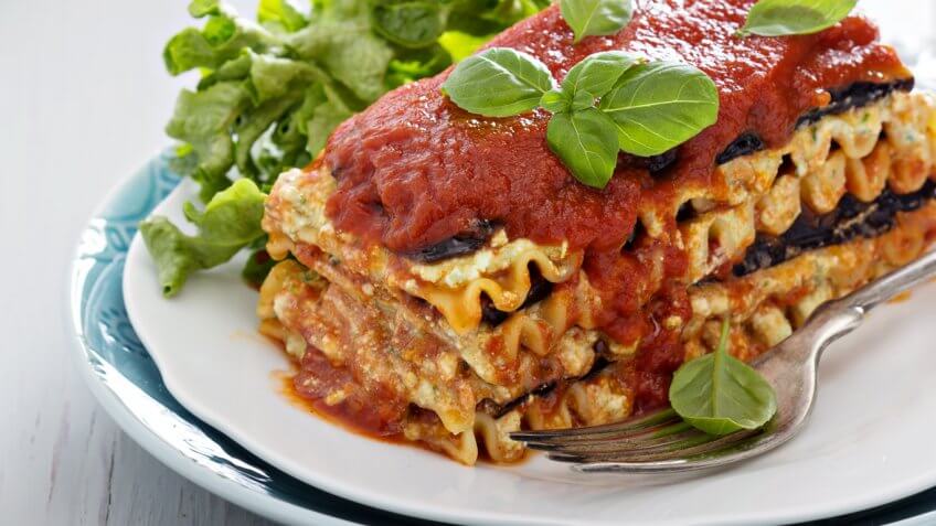 lasagna and basil on a plate