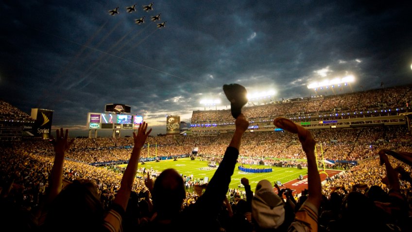 The 2009 US Air Force Thunderbirds fly over Superbowl XLIII in Tampa, Fla.