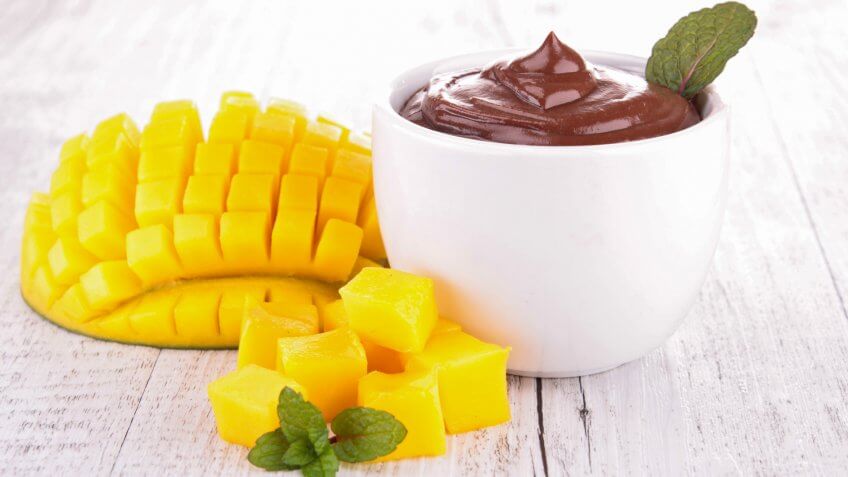 chocolate sauce and mango.