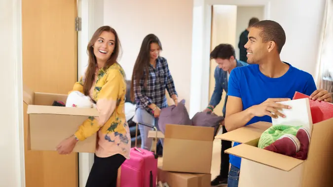 dorm room with students