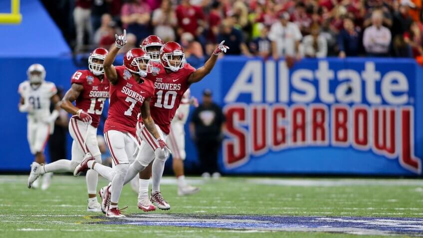 Mandatory Credit: Photo by Steve Dalmado/CSM/REX/Shutterstock (7689166bb)Oklahoma Sooners cornerback Jordan Thomas (7) celebrates after his interception during the 2nd half of the Allstate Sugar Bowl between Auburn and Oklahoma at the Mercedes Benz Superdome in New Orleans, LA.
