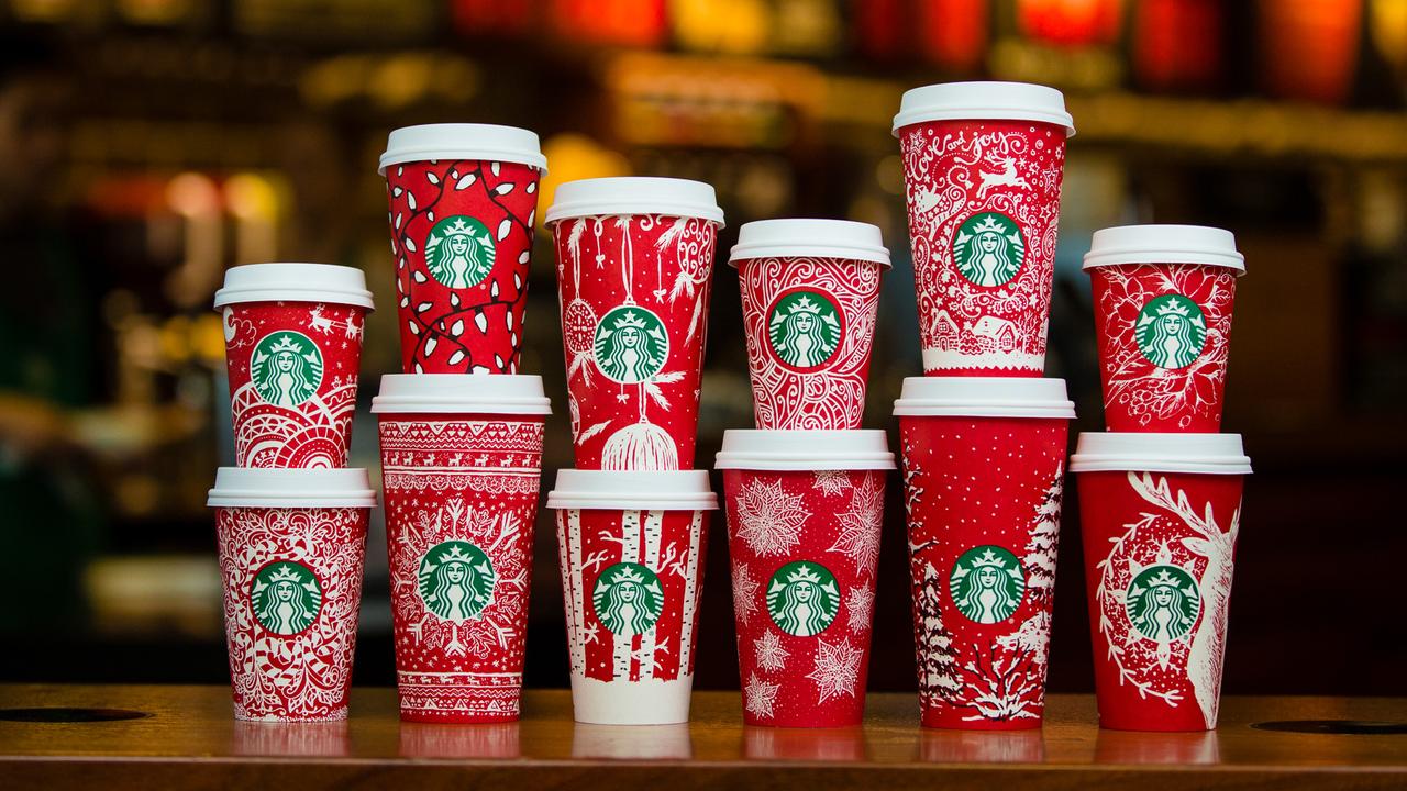 Starbucks red holiday cups photographed on November 9, 2016.
