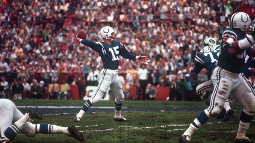 Baltimore Colts quarterback Earl Morrall gets ready to release the football down field during Super Bowl III in Miami, Fla.