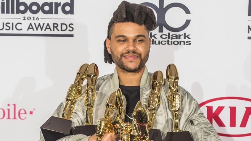LAS VEGAS - MAY 22 : Recording artist The Weeknd poses in the press room at the 2016 Billboard Music Awards at T-Mobile Arena on May 22, 2016 in Las Vegas, Nevada.
