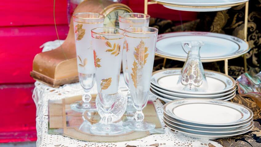 plates and glasses at a wedding