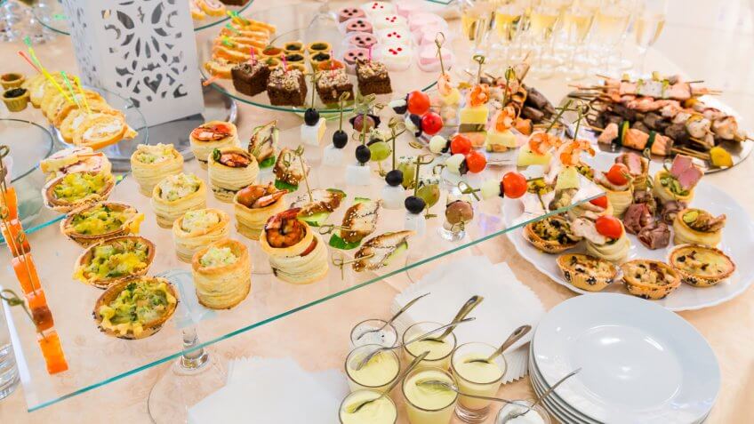 buffet spread of food at a wedding