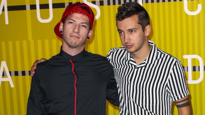 LOS ANGELES, CA/USA - AUGUST 30 2015: Josh Dun, left, and Tyler Joseph (Twenty One Pilots) attend the 2015 MTV Video Music Awards at Microsoft Theater.