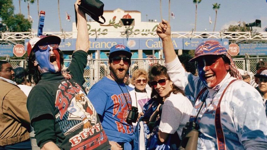 Buffalo Bill's fans Dave Wall, left, and Sheila Wall, right, provide pre-game jubilation at the Super Bowl in Pasadena, Calif.
