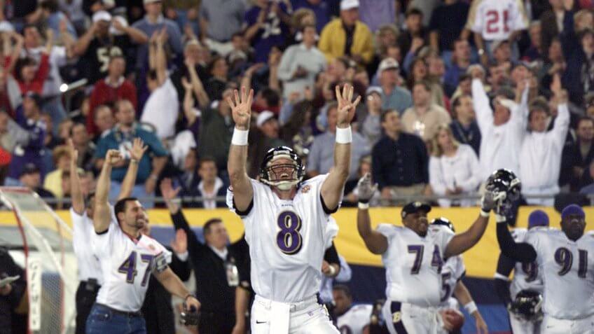 Trent Dilfer Baltimore Ravens quarterback Trent Dilfer (8) celebrates with teammates after throwing a 38-yard touchdown pass to wide receiver Brandon Stokley during the first quarter of Super Bowl XXXV against the New York Giants in Tampa, FlaCountdown To 50 Super Bowl 35 Football, Tampa, USA.