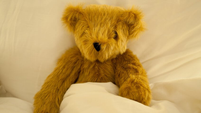 teddy bear tucked in bed