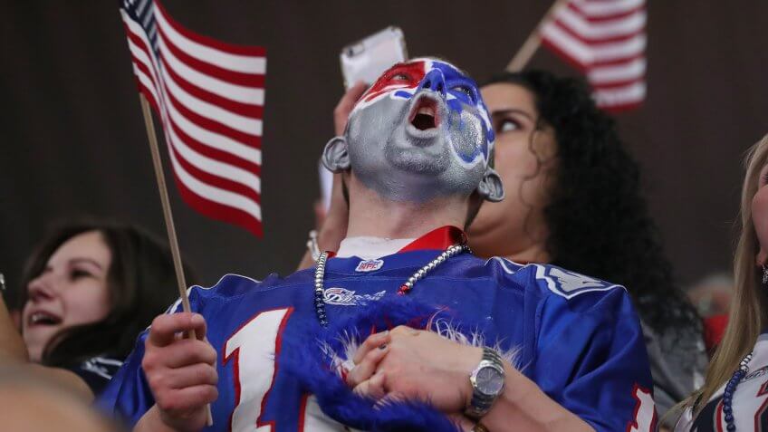 A new England Patriots fan sings during ceremonies before the start of Super Bowl LI at NRG Stadium in Houston, Texas, USA, 05 February 2017.