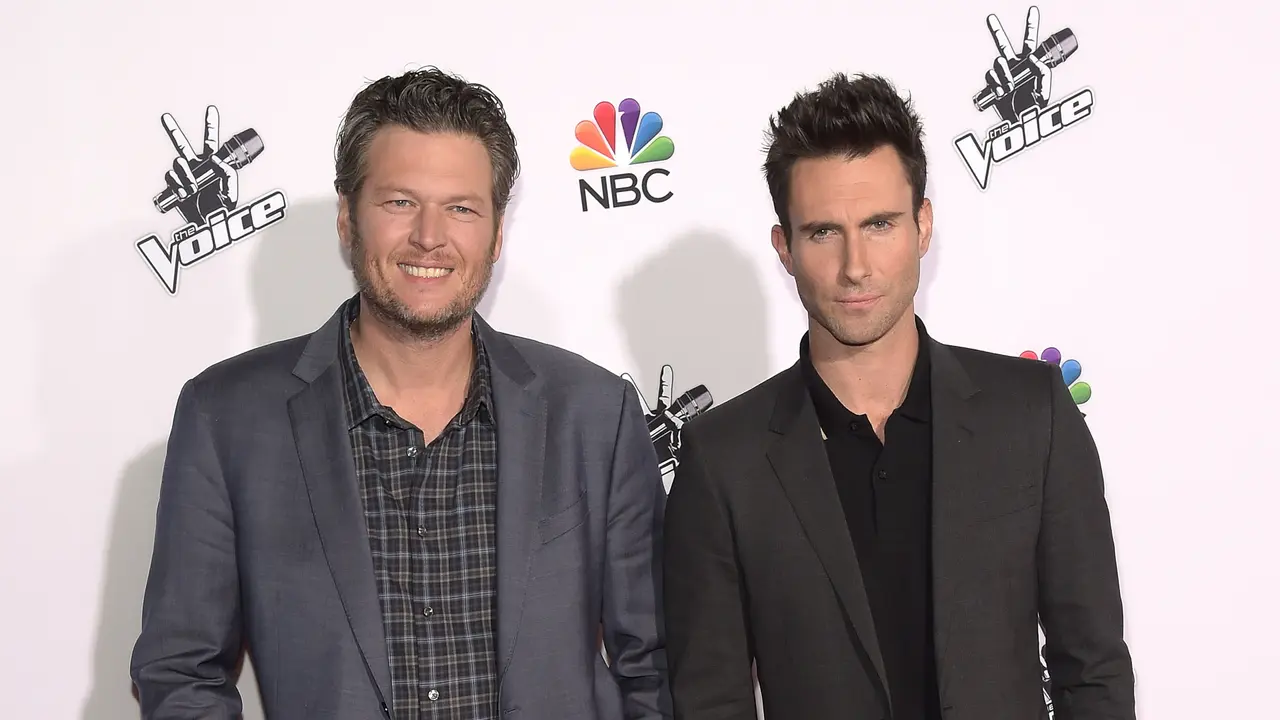 UNIVERSAL CITY, CA - NOVEMBER 24:  Singers Blake Shelton and Adam Levine attend NBC's "The Voice" Season 7 Red Carpet Event at Universal CityWalk on November 24, 2014 in Universal City, California.