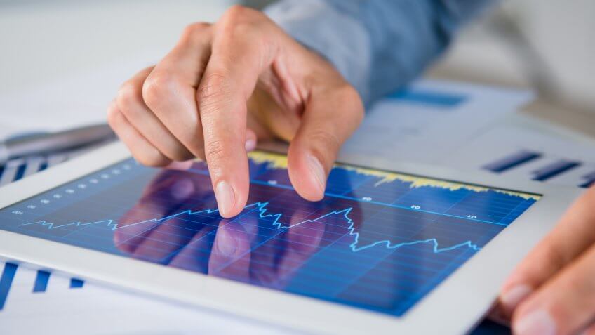 Close Up Of Businessman's Hand Analysing Graph On Digital Tablet.