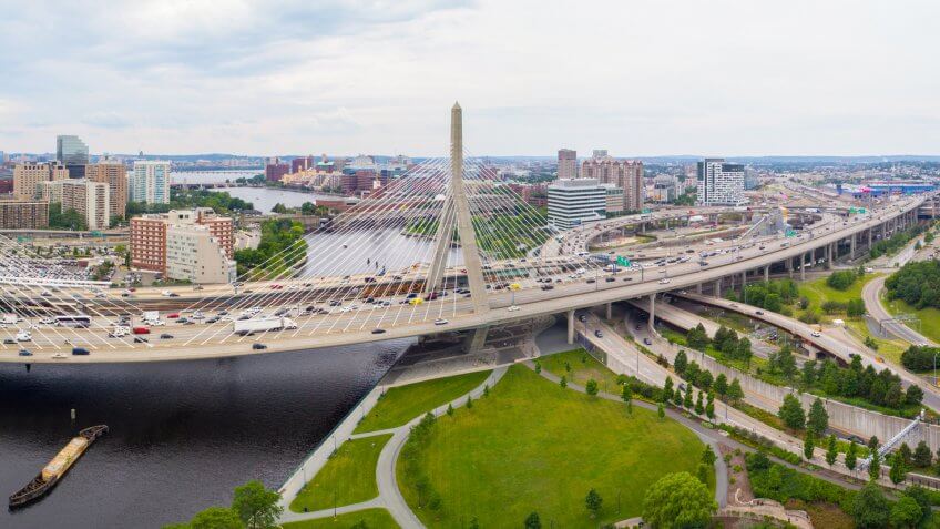 BOSTON, MA, USA - JUNE 29, 2017: Aerial image Leonard P Zakim Bunker Hill Memorial Bridge.
