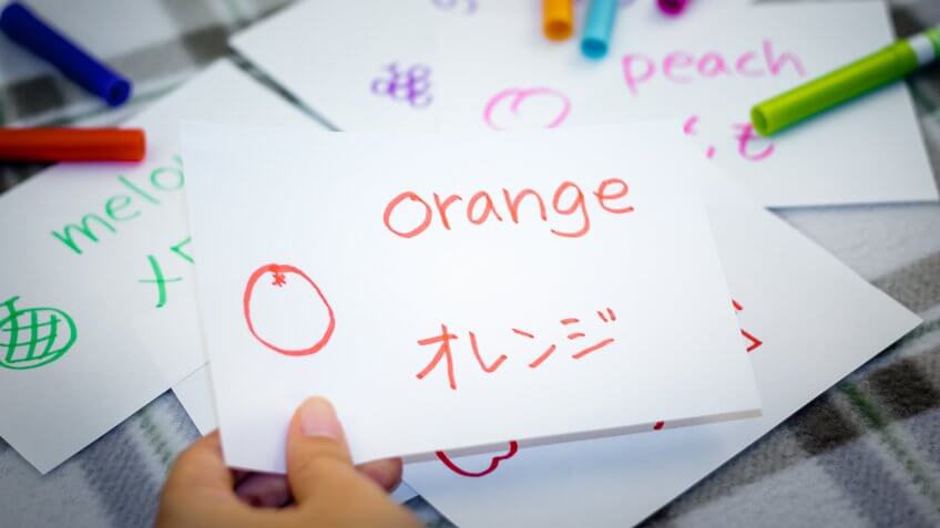 language learning card orange japanese and english