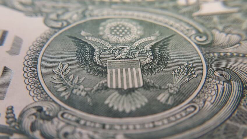 close up of back of US dollar bill