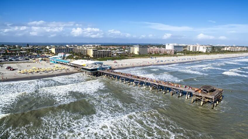 Daytime Cocoa Beach Pier aerial view, Cape Canaveral, Florida.