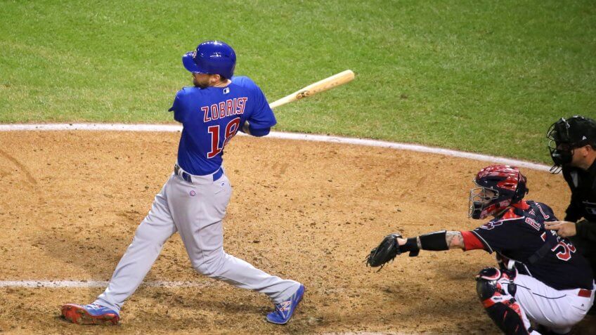 Cubs outfielder Ben Zobrist swings at a pitch during World Series Game 7.