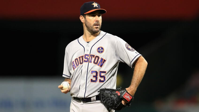 ANAHEIM, CA - SEPTEMBER 12: Justin Verlander #35 of the Houston Astros pitches during the first inning of a game against the Los Angeles Angels of Anaheim at Angel Stadium of Anaheim on September 12, 2017 in Anaheim, California.