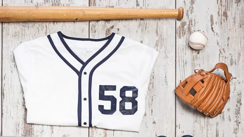 baseball bat, mitt, ball and jersey