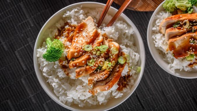 Grilled Chicken Breast with Teriyaki Sauce over Steamed Rice