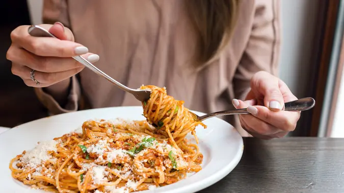 Italian pasta with tomato, meat.